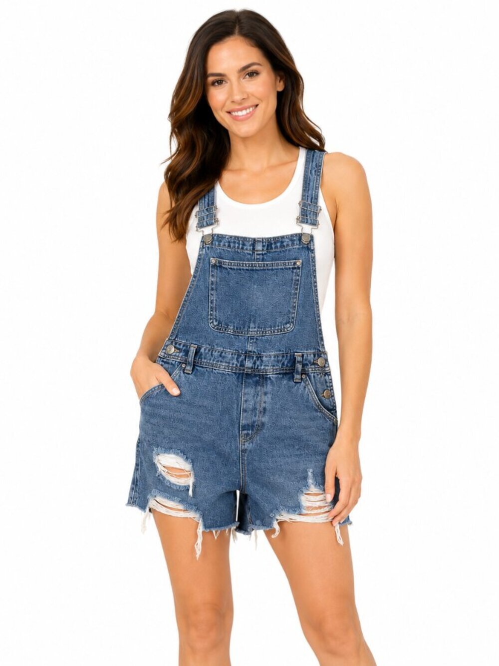 Refuge Women's Medium Stone Wash Distressed Raw Hem Denim Shortalls